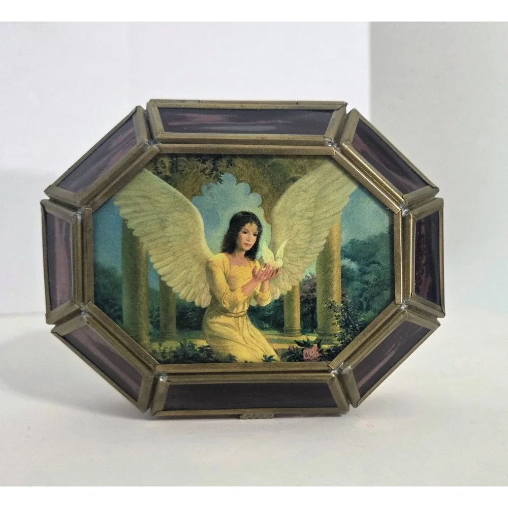 VIVA! Mexico Brass Trinket Box Hinged Purple Glass Panel Hexagonal Vintage Angel